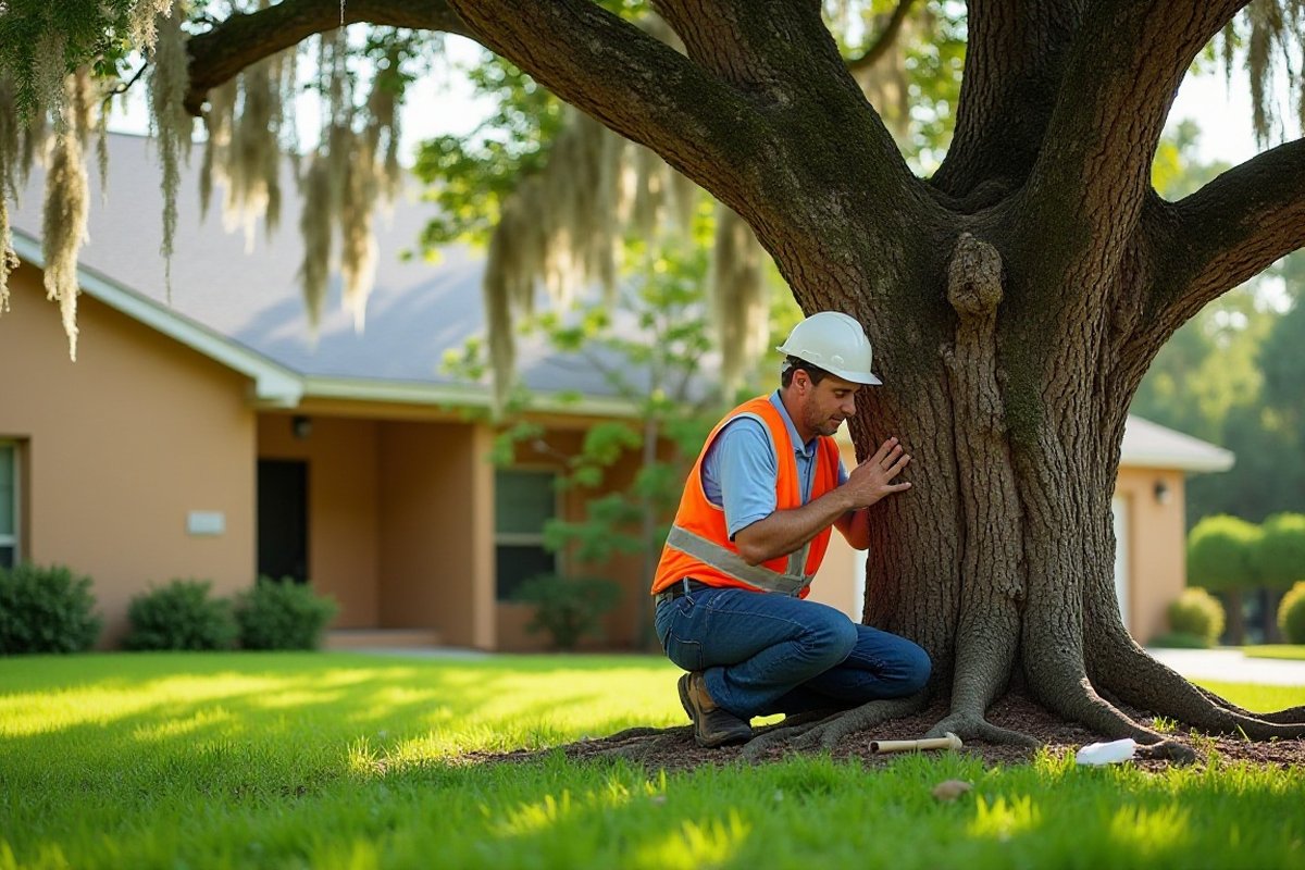 Arborist in a hard hat examining the base of a large oak trunk in an Orlando yard