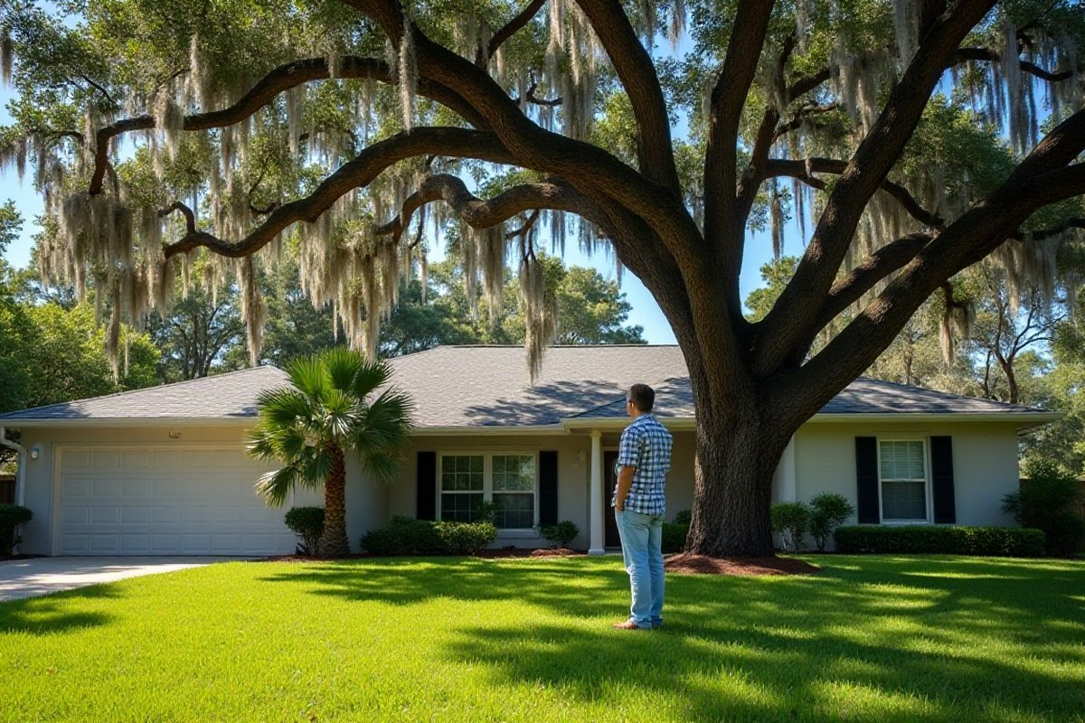 Homeowner on the phone in a sunny Orlando back yard looking up at a tall oak