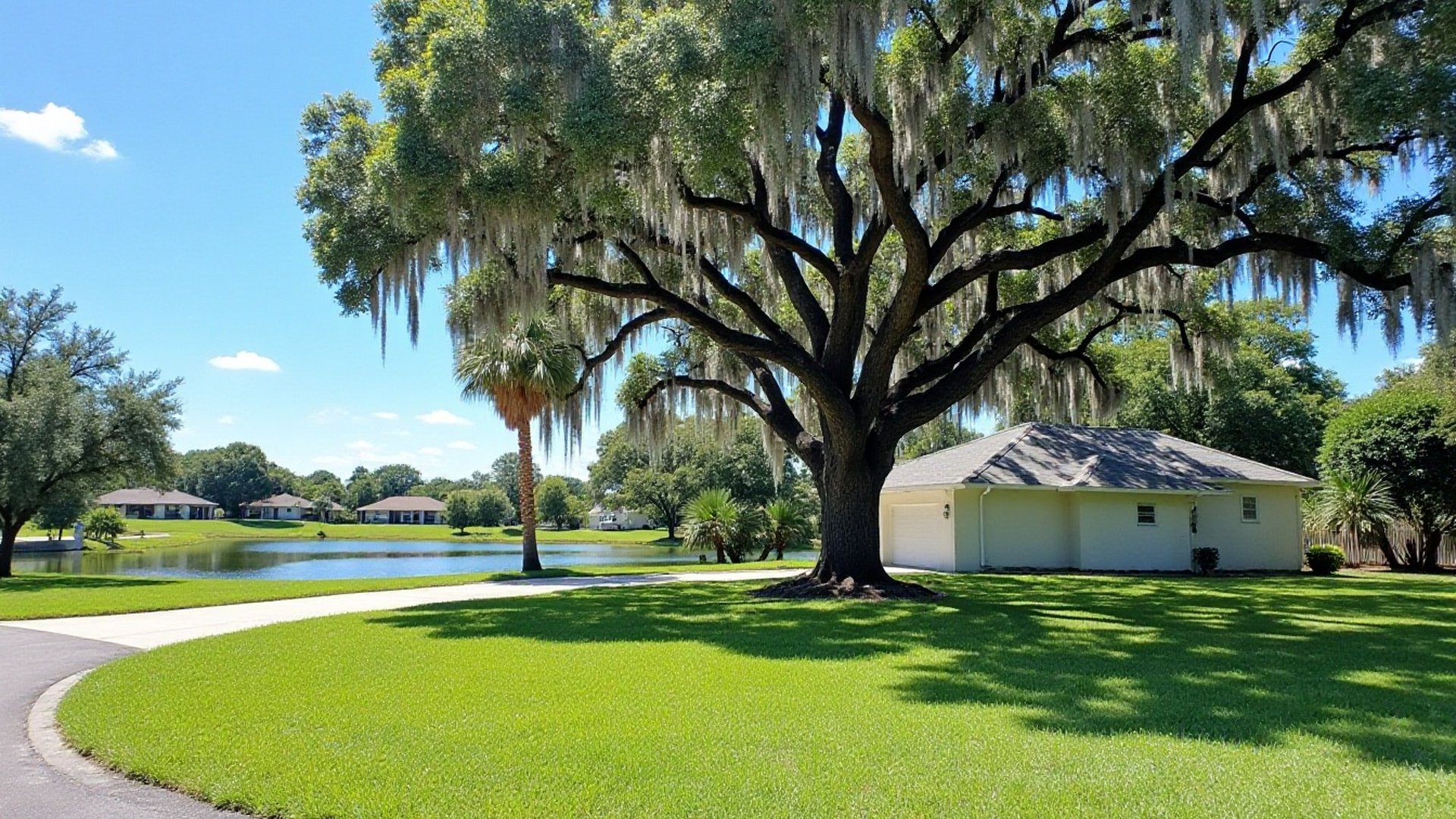 Large live oaks draped in Spanish moss shading a one-story Orlando home and its front lawn on a sunny day